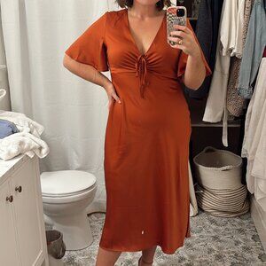 Showpo Nicholla Midi Dress - Ruched Front Angel Sleeve Slip Dress in Copper